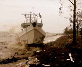 Large boat washed up on shore