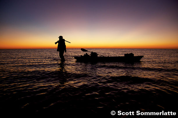 sun setting after hunting from kayak