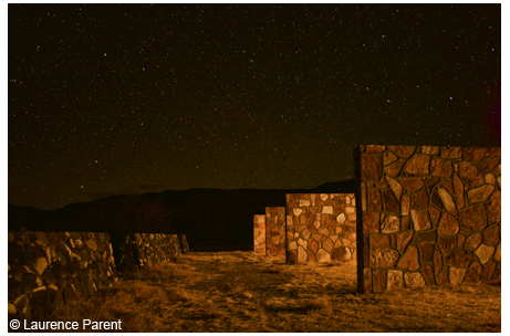 Stone walls created by Donald Judd at his former compound, Las Casas (private ranch in the Chinata Mountains) topped by a starry night sky.