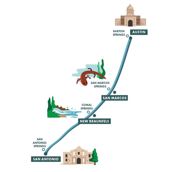 Great Springs Project Texas Trail Map from Austin to San Antonio with cities and sites marked on the map