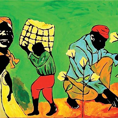 Leon Collins' painting "Days of Cotton" from his exhibit "The Color of Life." The painting uses blocky shapes of black, blue, red, yellow and green and depicts African-Americans picking and harvesting cotton